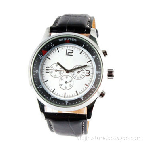 Three-eye stainless steel watch with genuine leather band for men, chronograph
